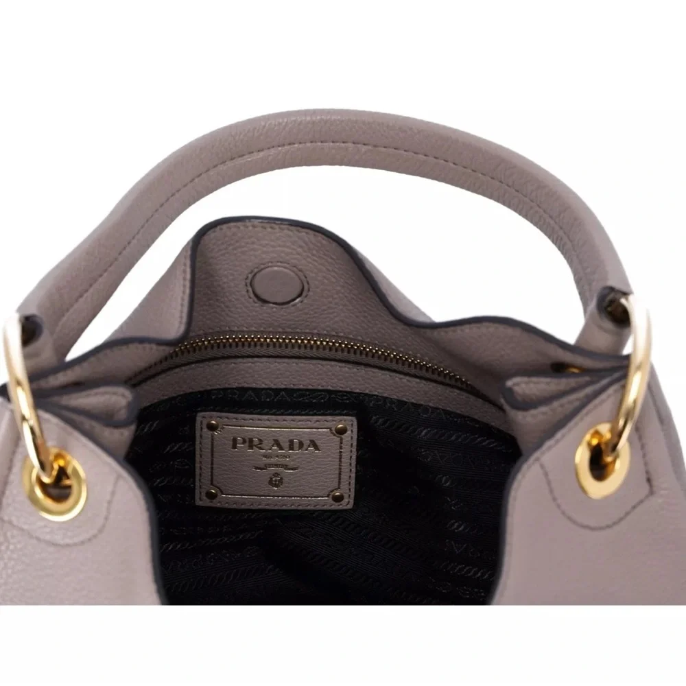 PRADA Vitello Phenix Logo Hobo Shoulder Tote Taupe Pebbled Leather 1BC051 - Picture 7 of 9
